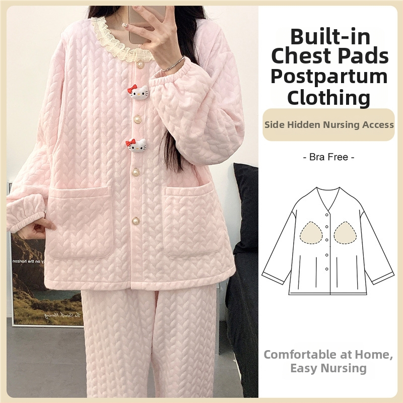 Tehotenský pyžamový set s vložkami do prsníkov — cardigan štýl, materiál air cotton, dlhé rukávy, nohavice, 201–250 g/m²