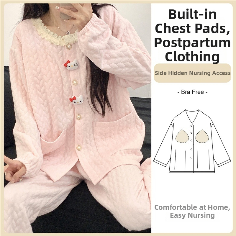 Tehotenský pyžamový set s vložkami do prsníkov — cardigan štýl, materiál air cotton, dlhé rukávy, nohavice, 201–250 g/m²