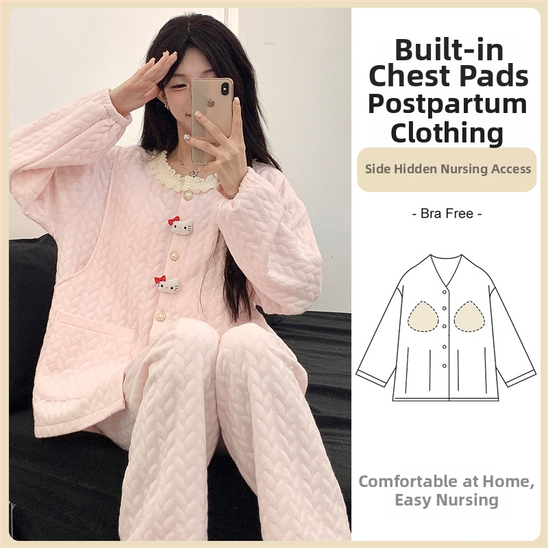 Tehotenský pyžamový set s vložkami do prsníkov — cardigan štýl, materiál air cotton, dlhé rukávy, nohavice, 201–250 g/m²