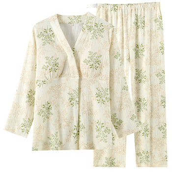 Set za kućnu odjeću za trudnoću i dojenje, pastoralnog stila, 100% pamuk, dvostruko slojevita gaz, V-izrez, dugi rukavi, hlače