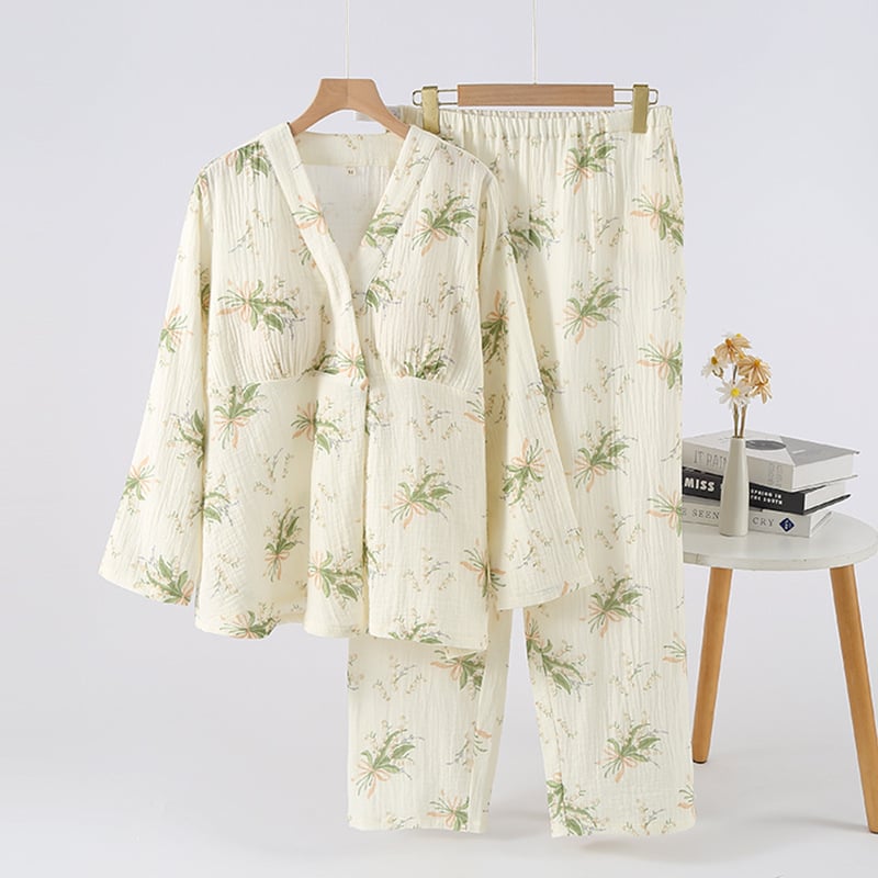 Set za kućnu odjeću za trudnoću i dojenje, pastoralnog stila, 100% pamuk, dvostruko slojevita gaz, V-izrez, dugi rukavi, hlače