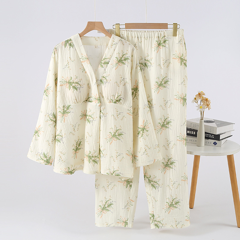 Set za kućnu odjeću za trudnoću i dojenje, pastoralnog stila, 100% pamuk, dvostruko slojevita gaz, V-izrez, dugi rukavi, hlače