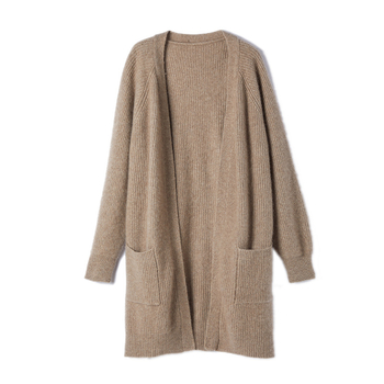 Ženski kardigan, opuštenog kroja, srednje duljine, iznad koljena, jacquard pletenina, kašmira-vuna mješavina, V-izrez