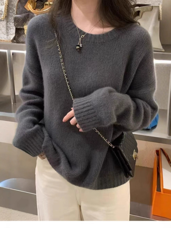 Ženski pulover od vune i kašmira, okrugli ovratnik, jednobojna boja, dugi rukavi, regularna dužina, mercerizirani završetak, vuna 50–70% / kašmir 30–50%