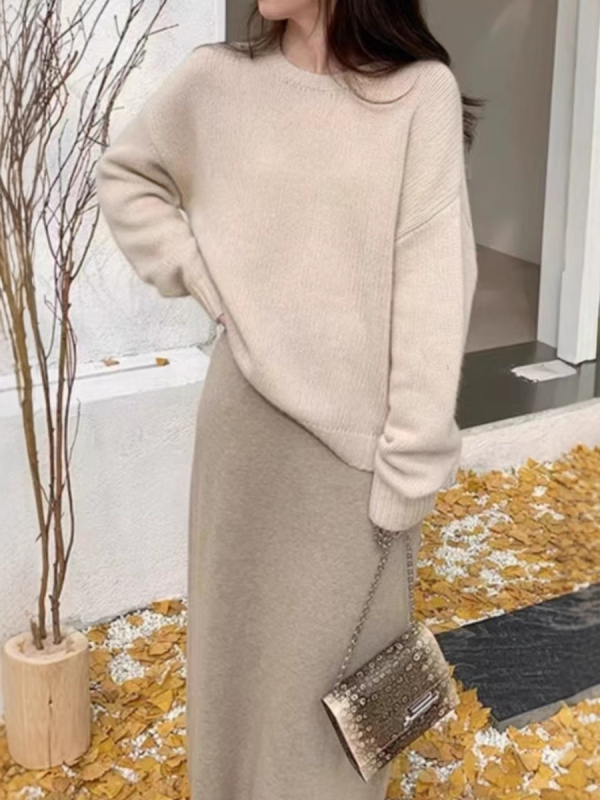Ženski pulover od vune i kašmira, okrugli ovratnik, jednobojna boja, dugi rukavi, regularna dužina, mercerizirani završetak, vuna 50–70% / kašmir 30–50%