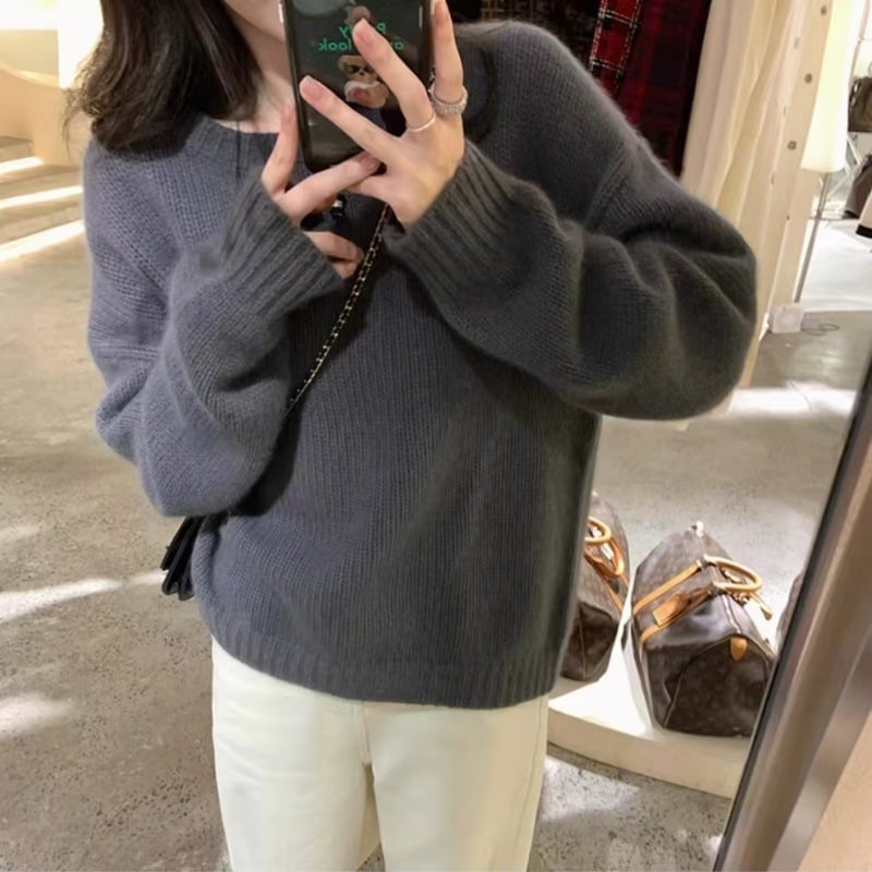 Ženski pulover od vune i kašmira, okrugli ovratnik, jednobojna boja, dugi rukavi, regularna dužina, mercerizirani završetak, vuna 50–70% / kašmir 30–50%
