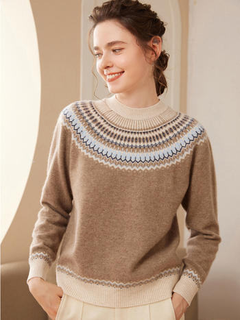 Kašmirski pleteni džemper — prugasti žakard, okrugli ovratnik, dugi rukavi, ležeran kroj, debeo, zima 2025