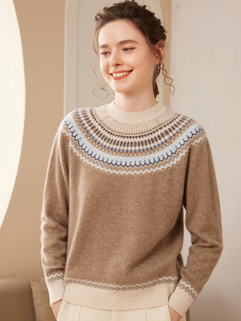 Kašmirski pleteni džemper — prugasti žakard, okrugli ovratnik, dugi rukavi, ležeran kroj, debeo, zima 2025