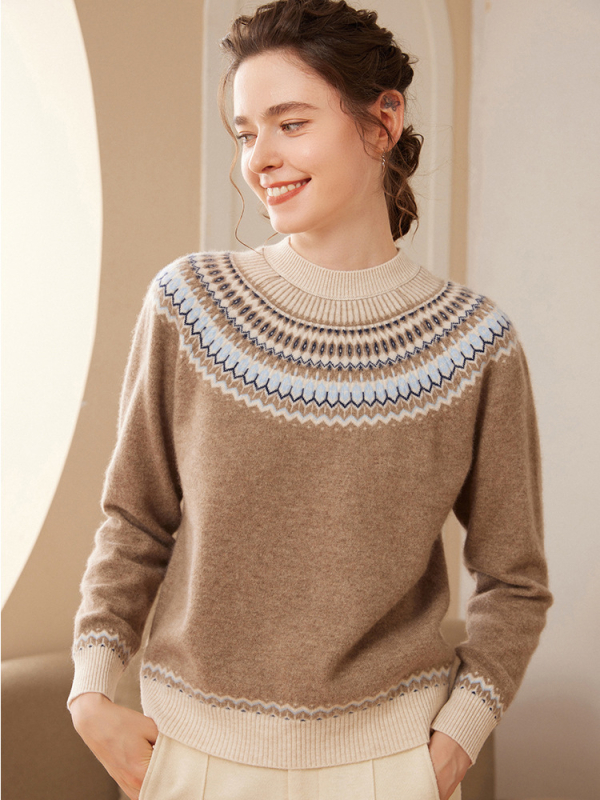 Kašmirski pleteni džemper — prugasti žakard, okrugli ovratnik, dugi rukavi, ležeran kroj, debeo, zima 2025