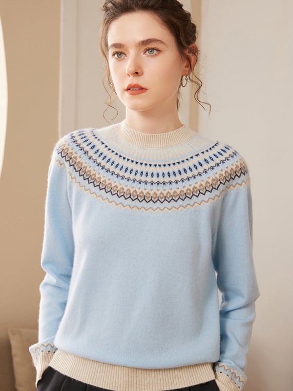 Kašmirski pleteni džemper — prugasti žakard, okrugli ovratnik, dugi rukavi, ležeran kroj, debeo, zima 2025