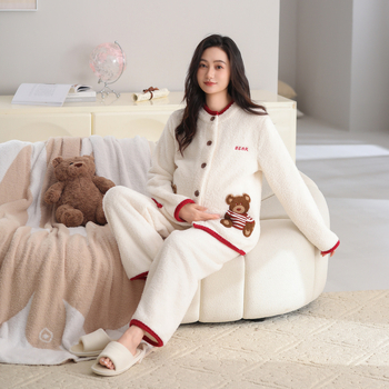 Set pidžama za trudnice s slatkim kardiganom, podesiva i topla - polu velur, 100% poliester, dugi rukavi, hlače