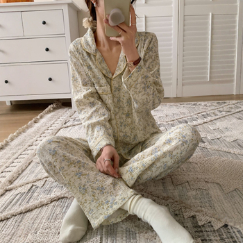 Pidžama set s cvjetnim uzorkom, s dugim rukavima, za postpartum i dojenje, 100% pamuk, rever ovratnik, tanka tkanina 121–140 g/m²