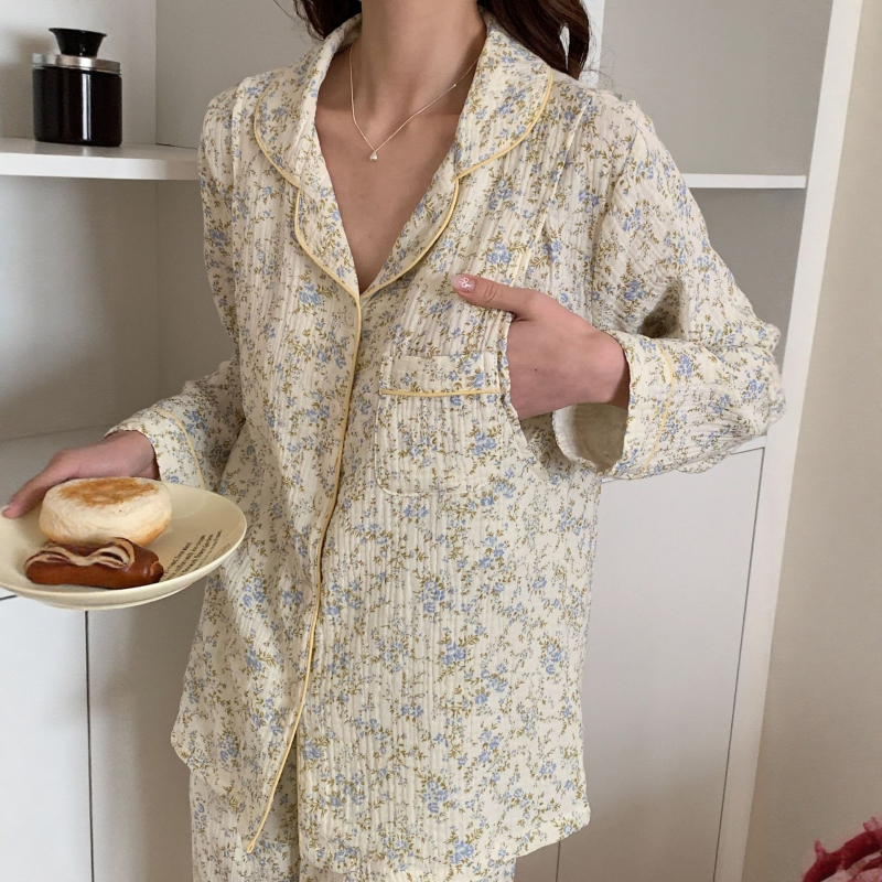 Pidžama set s cvjetnim uzorkom, s dugim rukavima, za postpartum i dojenje, 100% pamuk, rever ovratnik, tanka tkanina 121–140 g/m²