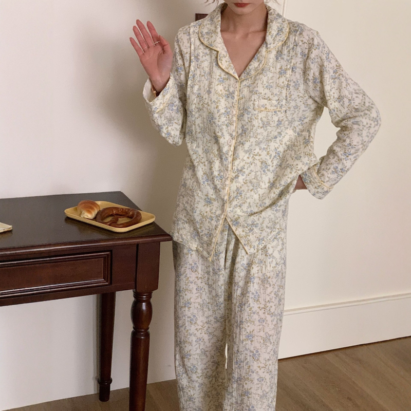 Pidžama set s cvjetnim uzorkom, s dugim rukavima, za postpartum i dojenje, 100% pamuk, rever ovratnik, tanka tkanina 121–140 g/m²