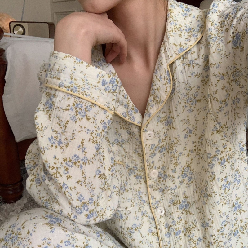 Pidžama set s cvjetnim uzorkom, s dugim rukavima, za postpartum i dojenje, 100% pamuk, rever ovratnik, tanka tkanina 121–140 g/m²