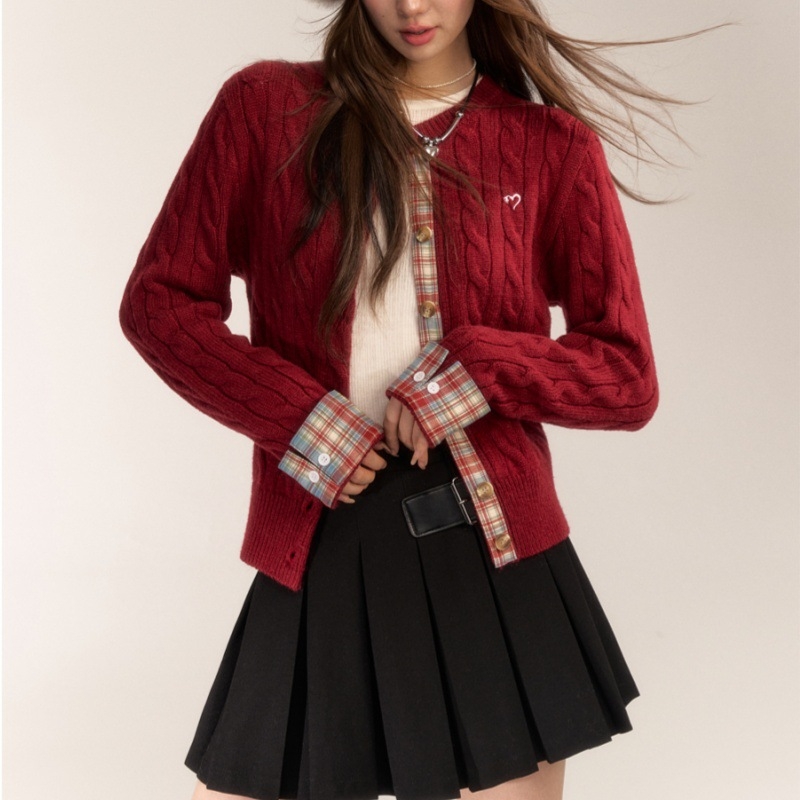 AsGony mješovita vlakna pleteni kardigan s izvezenim kariranim uzorkom, crvena, ženski preppy stil