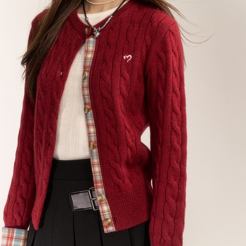 AsGony mješovita vlakna pleteni kardigan s izvezenim kariranim uzorkom, crvena, ženski preppy stil