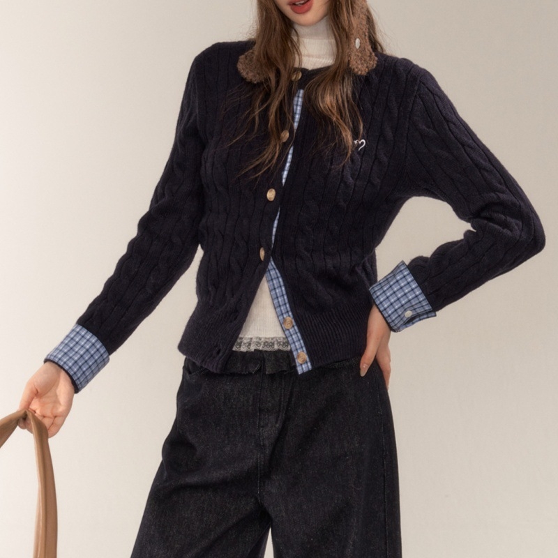 AsGony mješovita vlakna pleteni kardigan s izvezenim kariranim uzorkom, crvena, ženski preppy stil