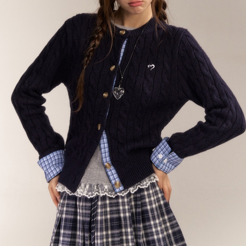 AsGony mješovita vlakna pleteni kardigan s izvezenim kariranim uzorkom, crvena, ženski preppy stil