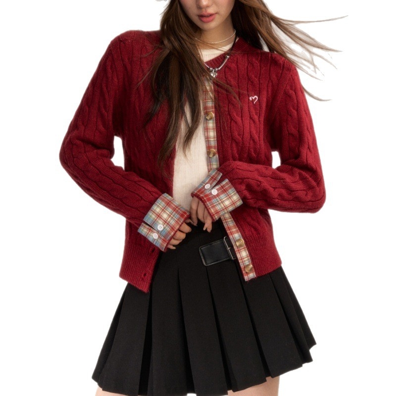 AsGony mješovita vlakna pleteni kardigan s izvezenim kariranim uzorkom, crvena, ženski preppy stil