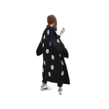 Ženski pleteni kardigan s točkicama, slobodan kroj, srednja duljina, nagnuti ovratnik, puff rukavi (teški pleteni; vunena smjesa; kašmir <30%; poliester 30–50%)