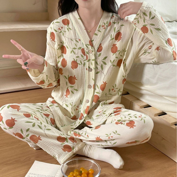 Set kućne odjeće za njegu majke, 100% pamuk, dugi rukav, V-izrez za dojenje, usklađene hlače, prozračan i nježan prema koži