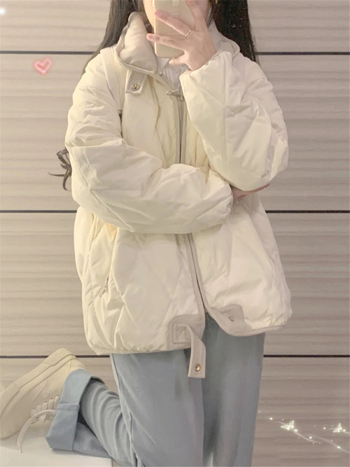 Ženski kaput od perja s prešivanjem, bez ovratnika, debeli Chenille-Spandex materijal, punilo od bijelog pačjeg perja