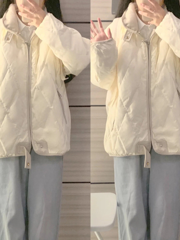 Ženski kaput od perja s prešivanjem, bez ovratnika, debeli Chenille-Spandex materijal, punilo od bijelog pačjeg perja