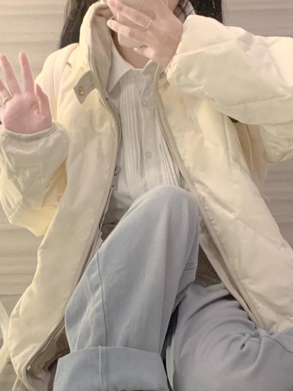 Ženski kaput od perja s prešivanjem, bez ovratnika, debeli Chenille-Spandex materijal, punilo od bijelog pačjeg perja