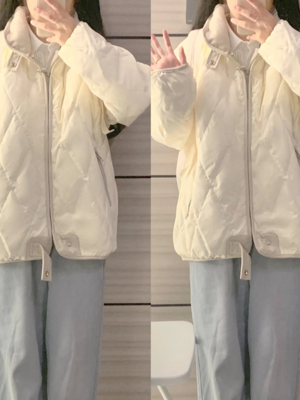 Ženski kaput od perja s prešivanjem, bez ovratnika, debeli Chenille-Spandex materijal, punilo od bijelog pačjeg perja