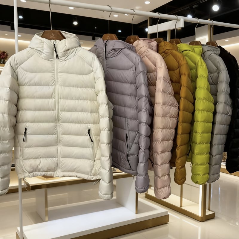 Jakna s kapuljačom, punjenje od bijelog patkina perja 85–90%, vanjski najlonski materijal, uski kroj, srednja duljina 50–65 cm