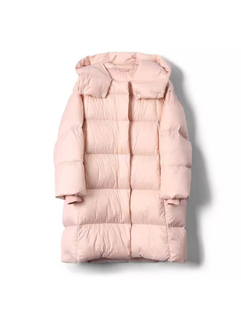 Ženska jakna s perjem srednje duljine, bijeli patka down punjenje, 56–60% sadržaja perja, poliester tkanina, kapuljača