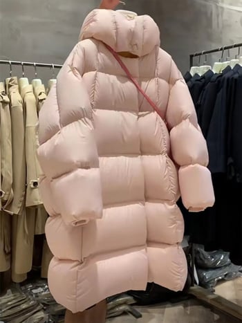 Ženska jakna s perjem srednje duljine, bijeli patka down punjenje, 56–60% sadržaja perja, poliester tkanina, kapuljača