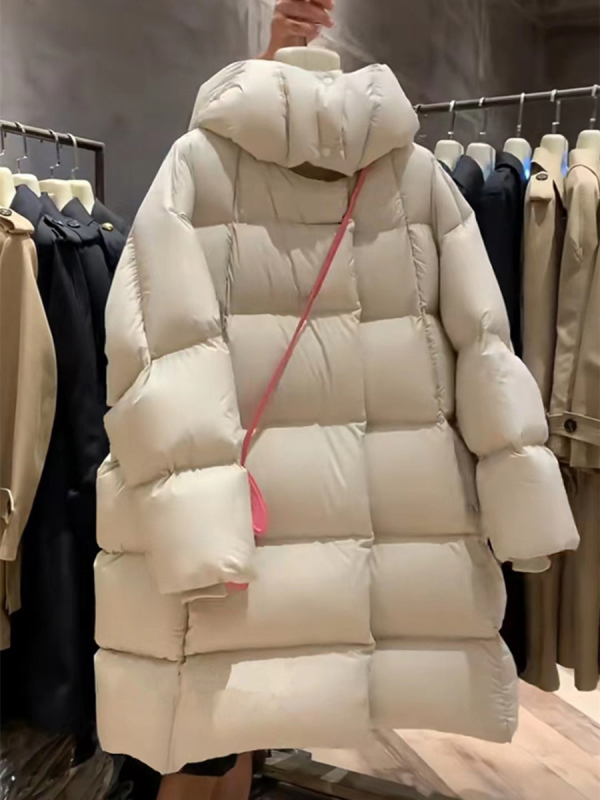 Ženska jakna s perjem srednje duljine, bijeli patka down punjenje, 56–60% sadržaja perja, poliester tkanina, kapuljača