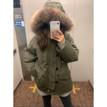 Ženska zimska jakna s kapuljačom i krznenim ovratnikom (Punilo: patka perje; Postotak perja: 85–90%; Glavna tkanina: pamuk; Stil: korejski)