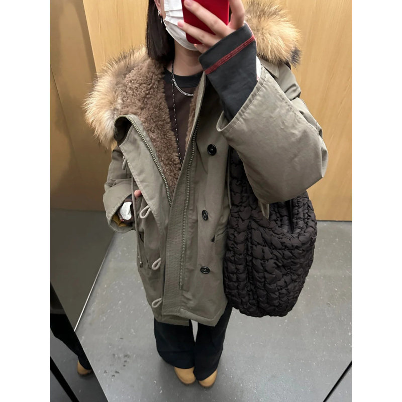 Ženska zimska jakna s kapuljačom i krznenim ovratnikom (Punilo: patka perje; Postotak perja: 85–90%; Glavna tkanina: pamuk; Stil: korejski)