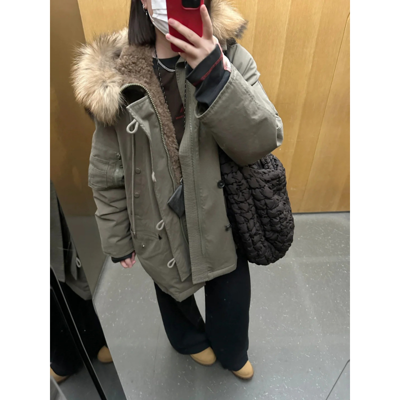 Ženska zimska jakna s kapuljačom i krznenim ovratnikom (Punilo: patka perje; Postotak perja: 85–90%; Glavna tkanina: pamuk; Stil: korejski)