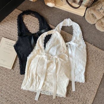 Čipkový cami top s halterneck výstrihom, bez ramien, s výstelkou na prsiach, nylon-elastán materiál, štíhly strih, krátka dĺžka