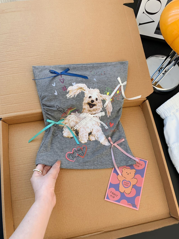 Top tube s potlačou psa, bez ramien, štíhly strih, bavlna 90–95%, s výplňou na prsia