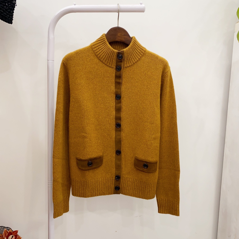 Kasmirový pletený cardigan s vysokým golierom, voľný strih, dlhé rukávy, normálna dĺžka