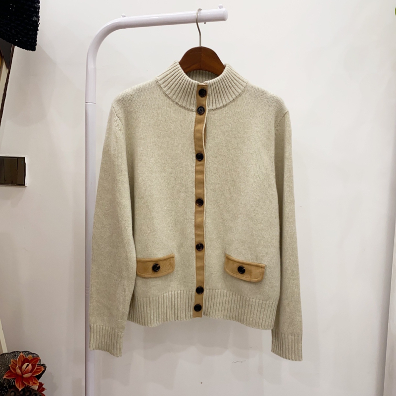 Kasmirový pletený cardigan s vysokým golierom, voľný strih, dlhé rukávy, normálna dĺžka