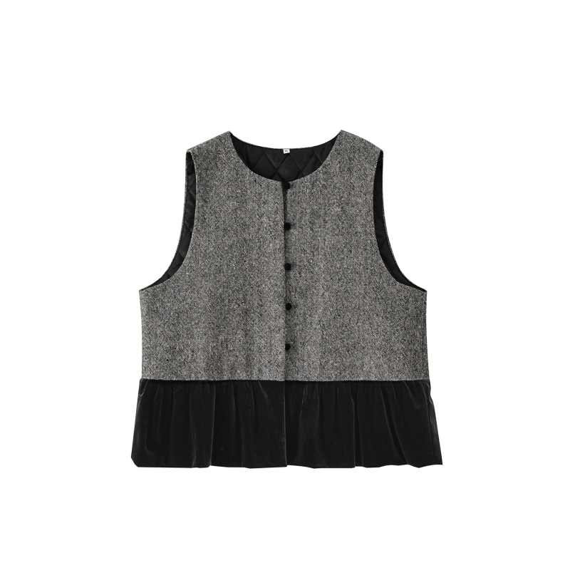 Be rankovių liemenė su aksomo patchworku ir apvaliu kaklu, žiema 2025, 95% poliesteris