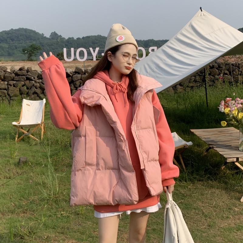 Kórejský štýl voľného strihu dámskej vesty bez rukávov z bavlna-poliester, polo golierom a zipsom, jesenné–zimné