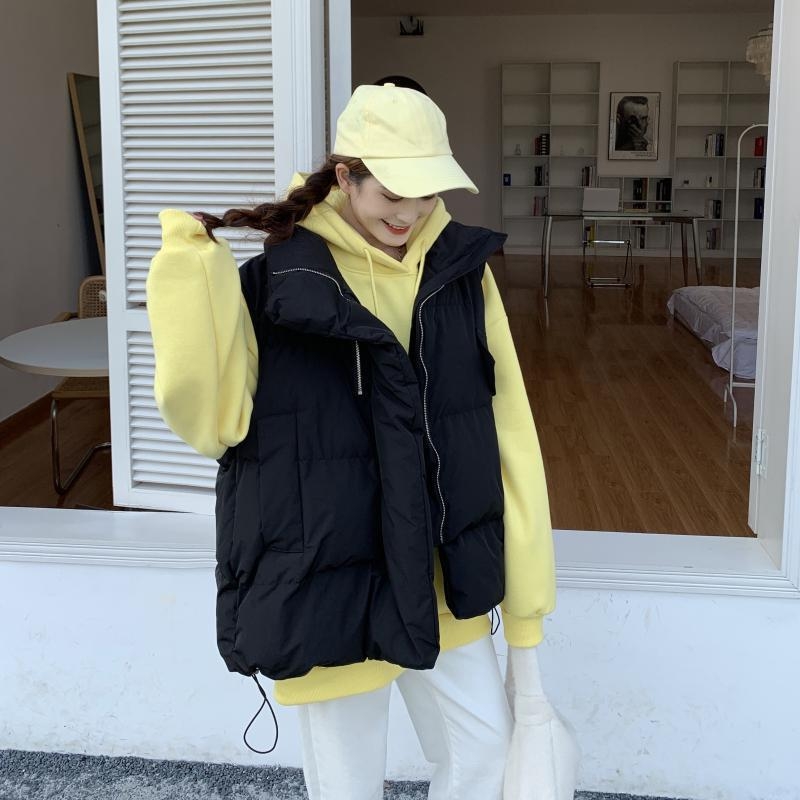 Kórejský štýl voľného strihu dámskej vesty bez rukávov z bavlna-poliester, polo golierom a zipsom, jesenné–zimné
