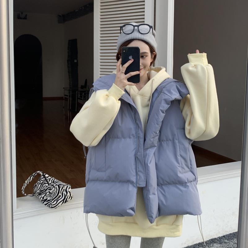 Kórejský štýl voľného strihu dámskej vesty bez rukávov z bavlna-poliester, polo golierom a zipsom, jesenné–zimné