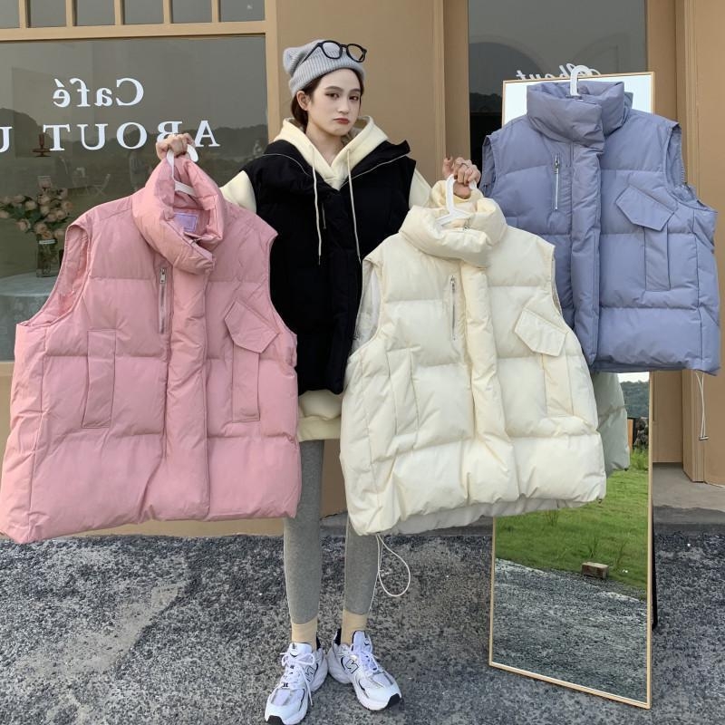 Kórejský štýl voľného strihu dámskej vesty bez rukávov z bavlna-poliester, polo golierom a zipsom, jesenné–zimné