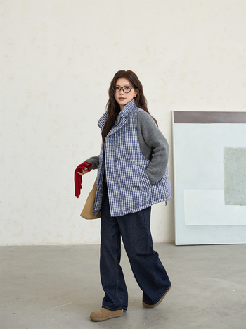 Vesta bez rukava u korejskom stilu s kariranim tkivom, stojeći ovratnik, zatvarač, poliester punjenje