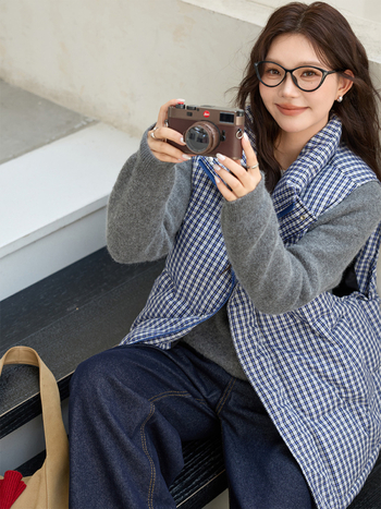 Vesta bez rukava u korejskom stilu s kariranim tkivom, stojeći ovratnik, zatvarač, poliester punjenje