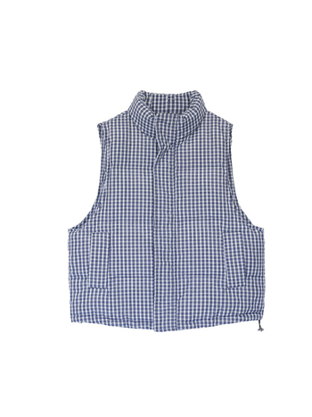 Vesta bez rukava u korejskom stilu s kariranim tkivom, stojeći ovratnik, zatvarač, poliester punjenje