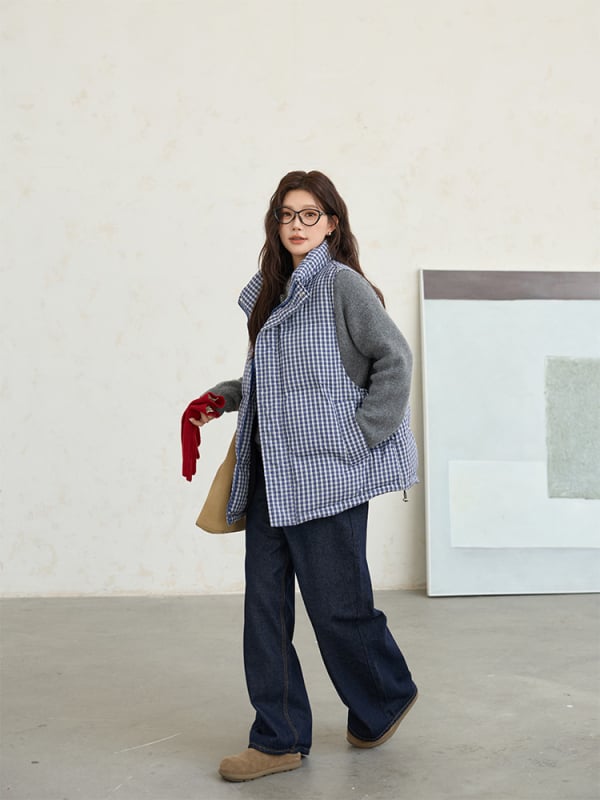 Vesta bez rukava u korejskom stilu s kariranim tkivom, stojeći ovratnik, zatvarač, poliester punjenje